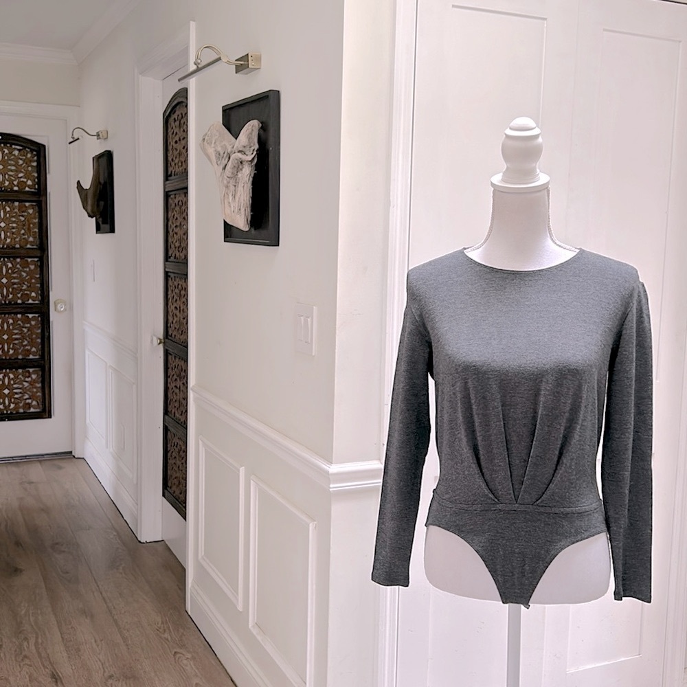 Emanuel Ungaro French Designer Bodysuit Women SP Gray Long Sleeve Neck‎ Stretch
